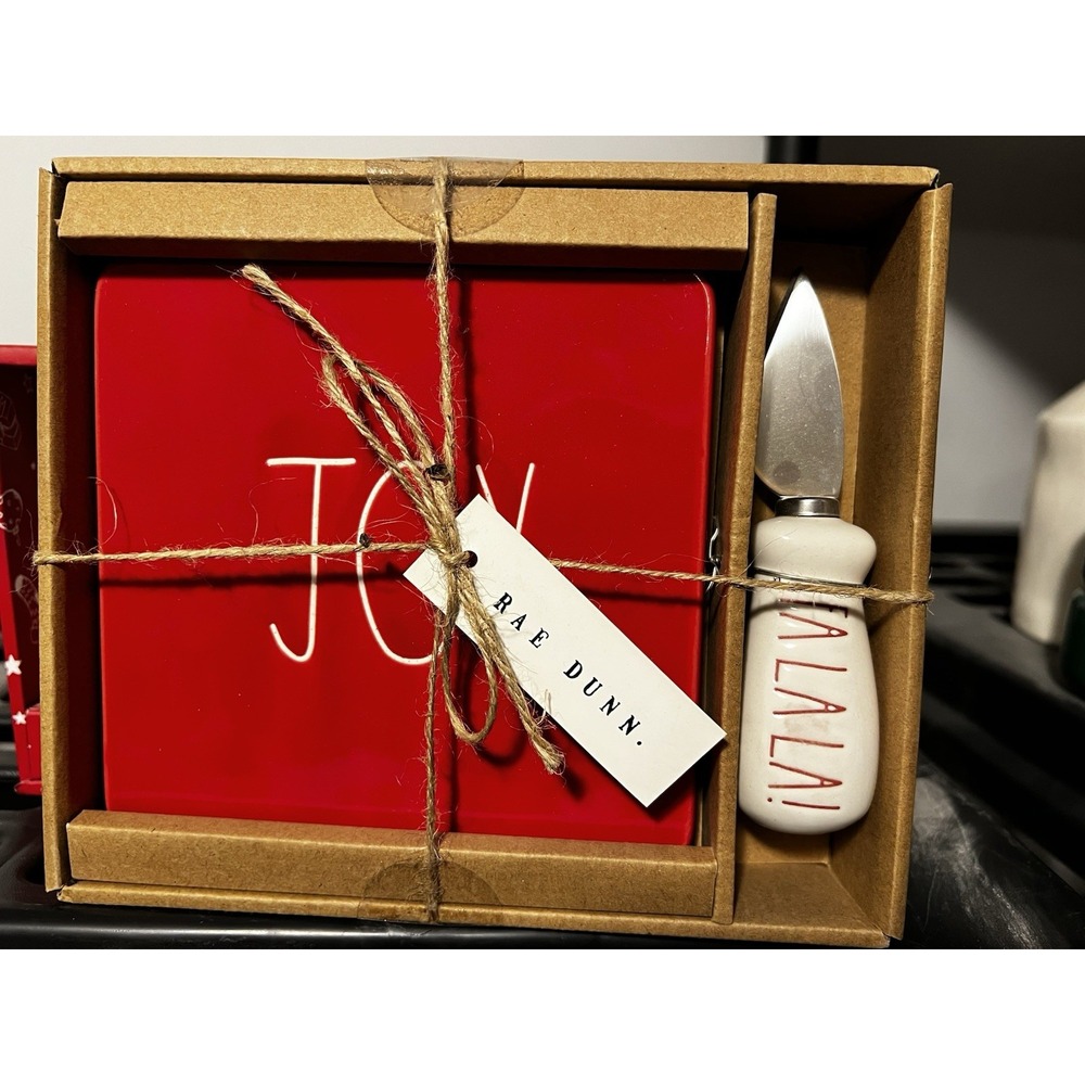 Rae Dunn Christmas Joy And Fa La La Cheese Cutting Board And Knife Red Gift Set